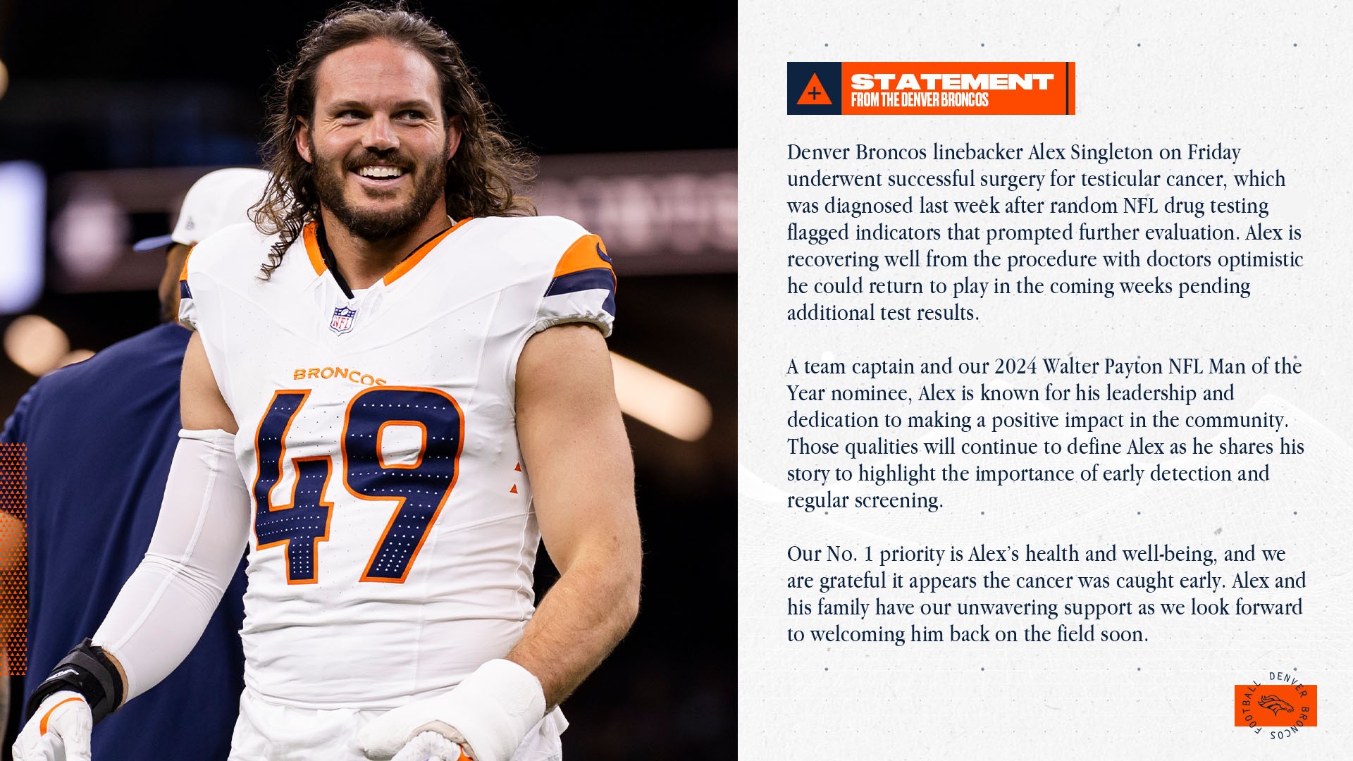 Denver Broncos' Alex Singleton Had Successful Surgery For Testicular Cancer