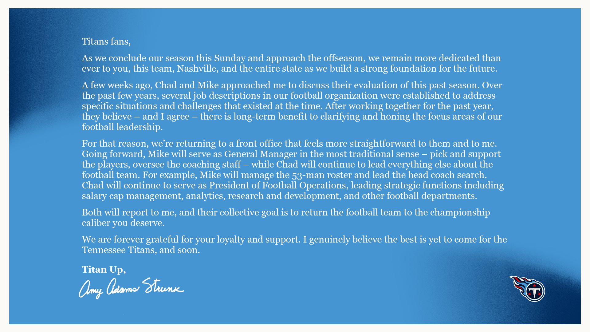 Tennessee Titans Announced Front Office Restructure To Create Clarification