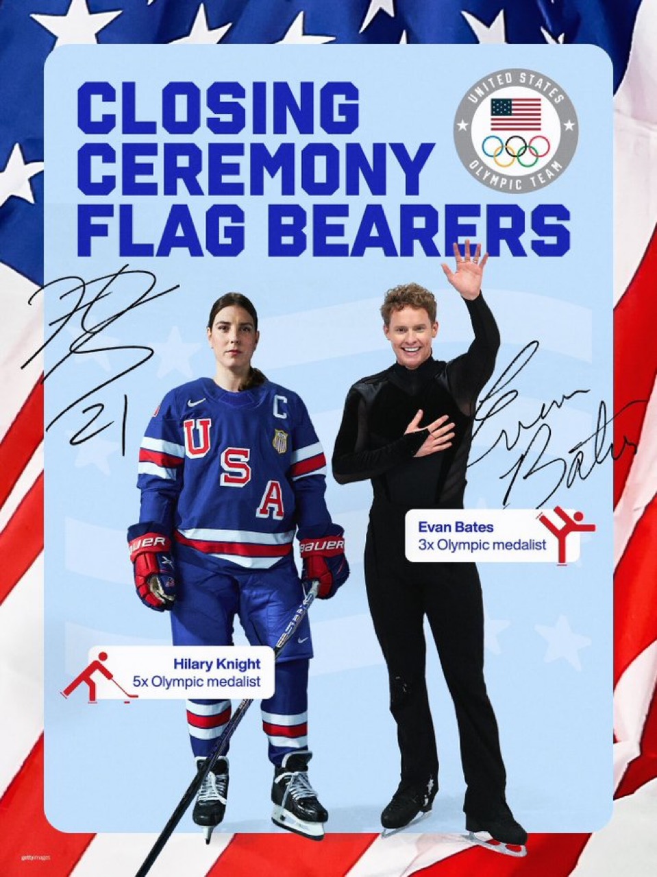 Gold Medalists Hilary Knight and Evan Bates Will Serve as Team USA's Flag Bearers at Closing Ceremony