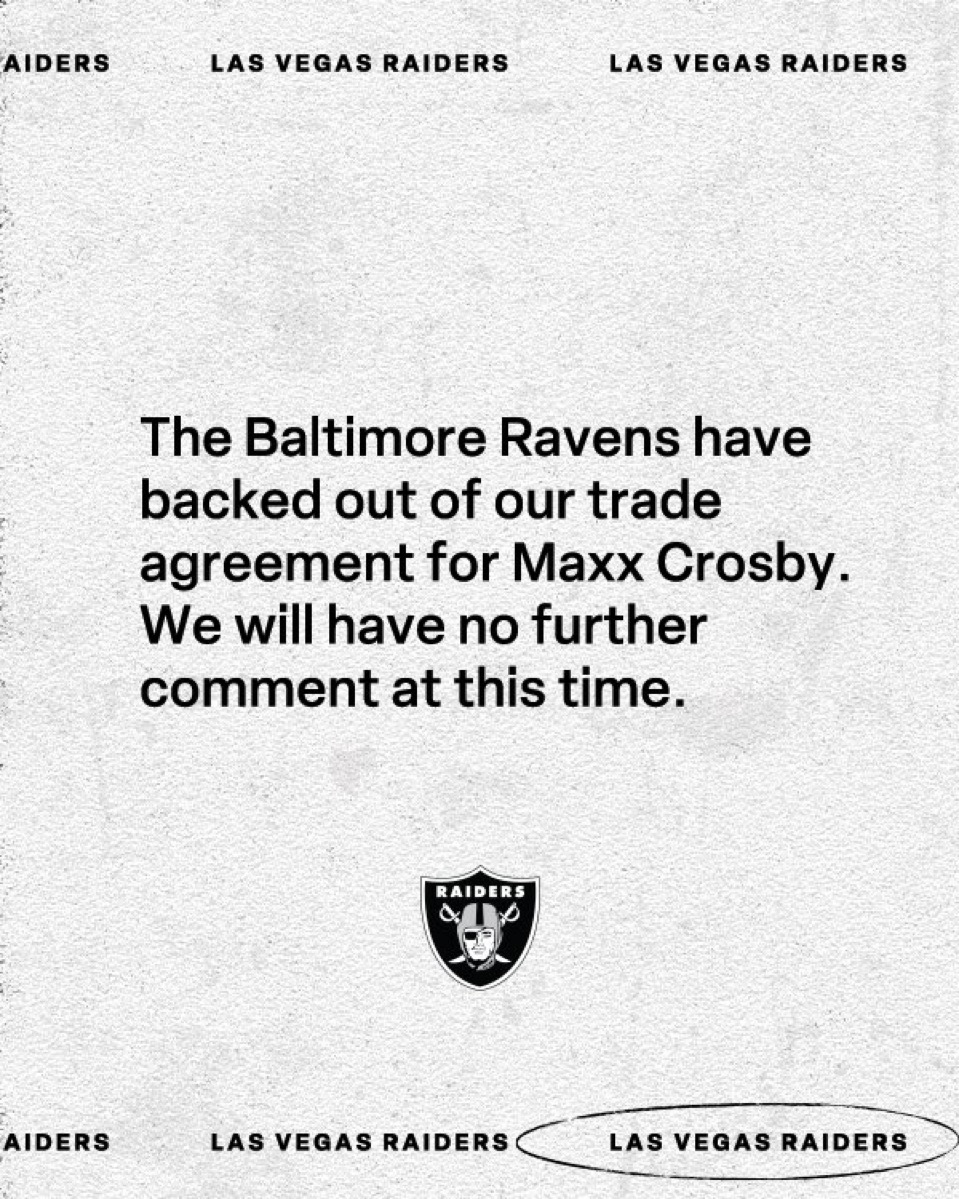 Las Vegas Raiders Announce Baltimore Ravens Have Backed Out of Maxx Crosby Trade