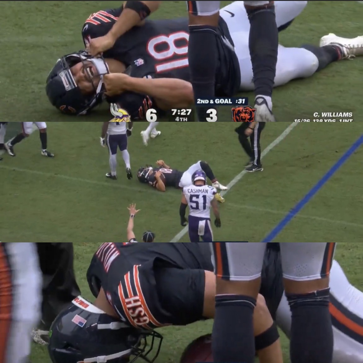 Bears QB Caleb Williams Helped Off the Field With an Apparent Hamstring Injury Vs. Vikings