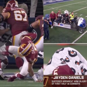 Commanders QB Jayden Daniels Carted to Locker Room With Apparent Elbow Injury