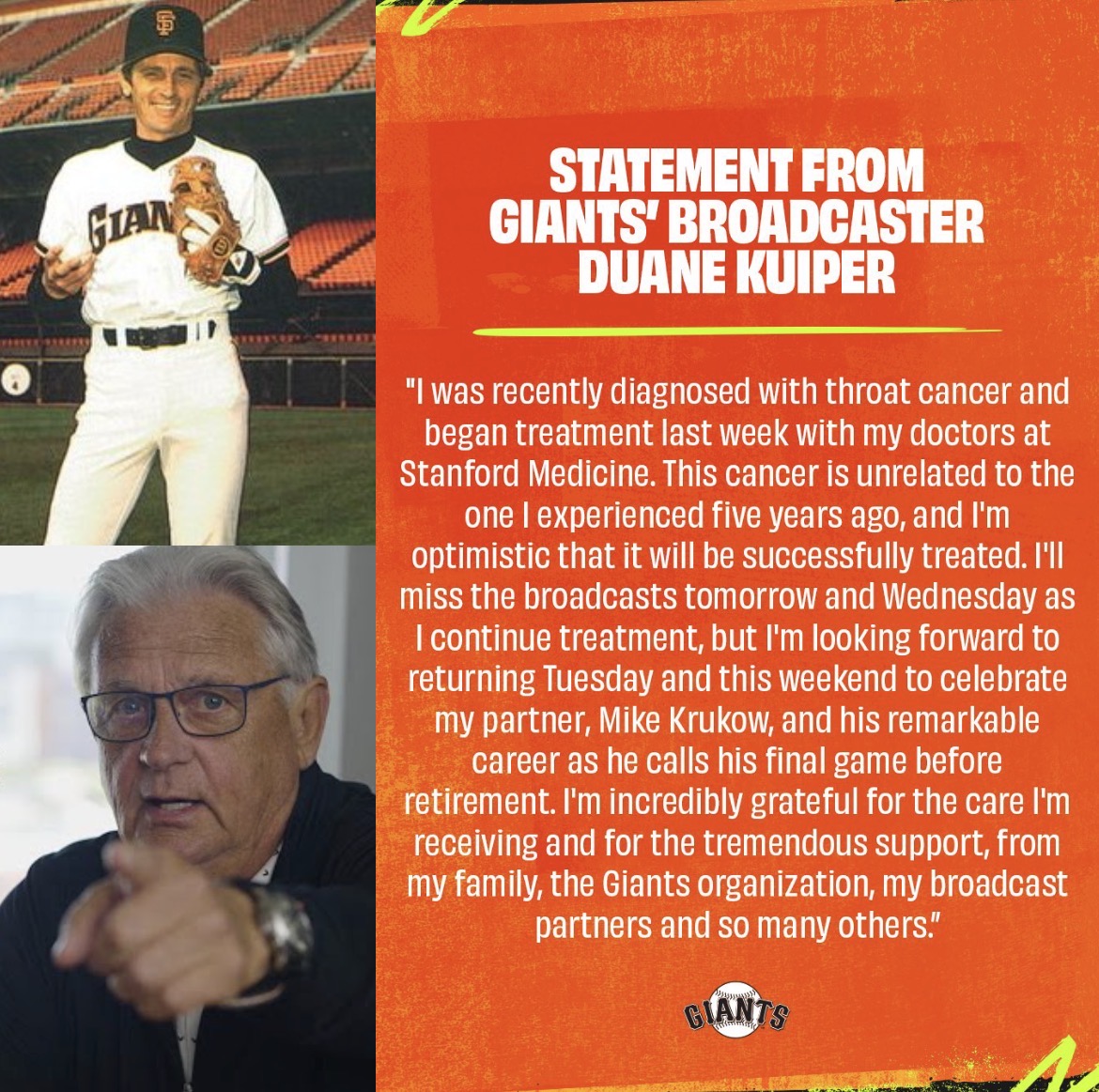 Giants Broadcaster Duane Kuiper Announced He Has Been Diagnosed With Throat Cancer