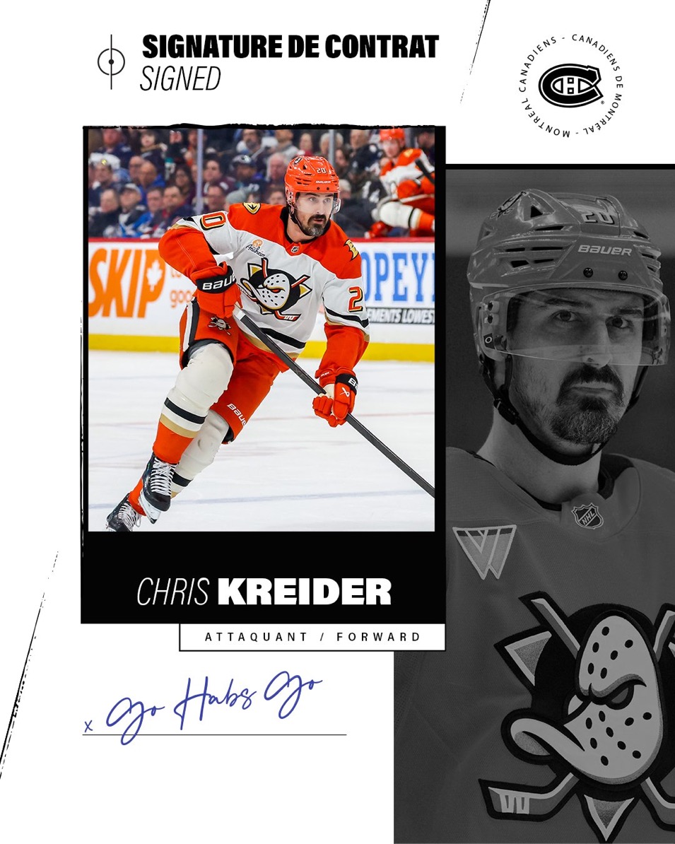 Montreal Canadiens Agree on One-Year Contract With Forward Chris Kreider For $2.15 Million