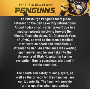 Penguins Announce Team Plane Returned to Salt Lake City Due to Medical Episode Involving Ben Kindel