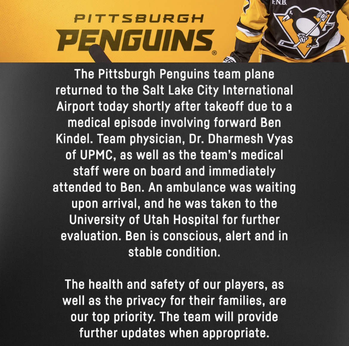 Penguins Announce Team Plane Returned to Salt Lake City Due to Medical Episode Involving Ben Kindel