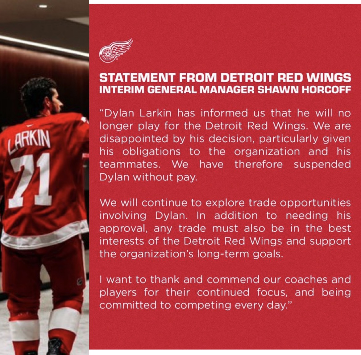 Red Wings Suspend Dylan Larkin Without Pay After He Informs He Will No Longer Play For Them